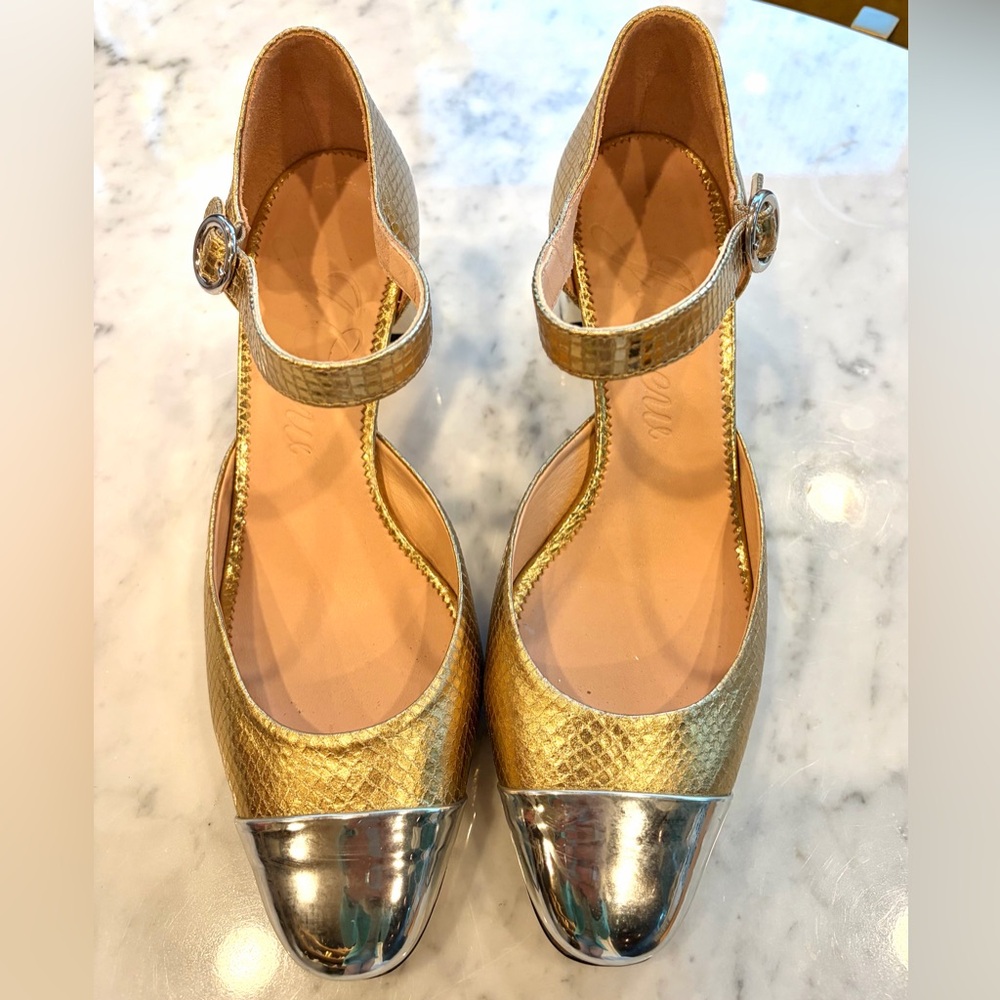 J Crew Millie maryjane heels, snake-embossed gold leather, silver cap toes,8.5 - Picture 5 of 16